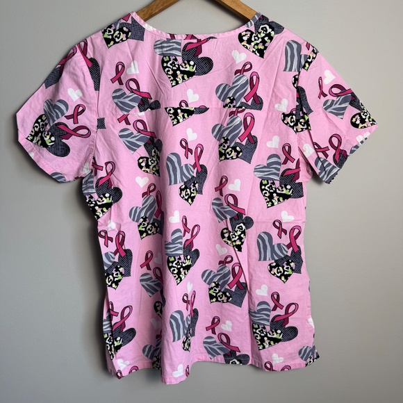 Scrubstar‎ Women's Short Sleeve V-Neck Scrub Top Pink Ribbon and Hearts Large - Picture 6 of 11